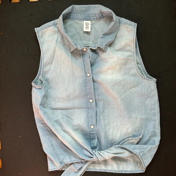 Denim blue Jean Sleeves Shirt front know button up girl size 13/14 Y - Picture 1 of 7